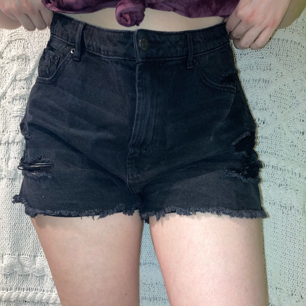 High-Waisted Black Distressed Shorts